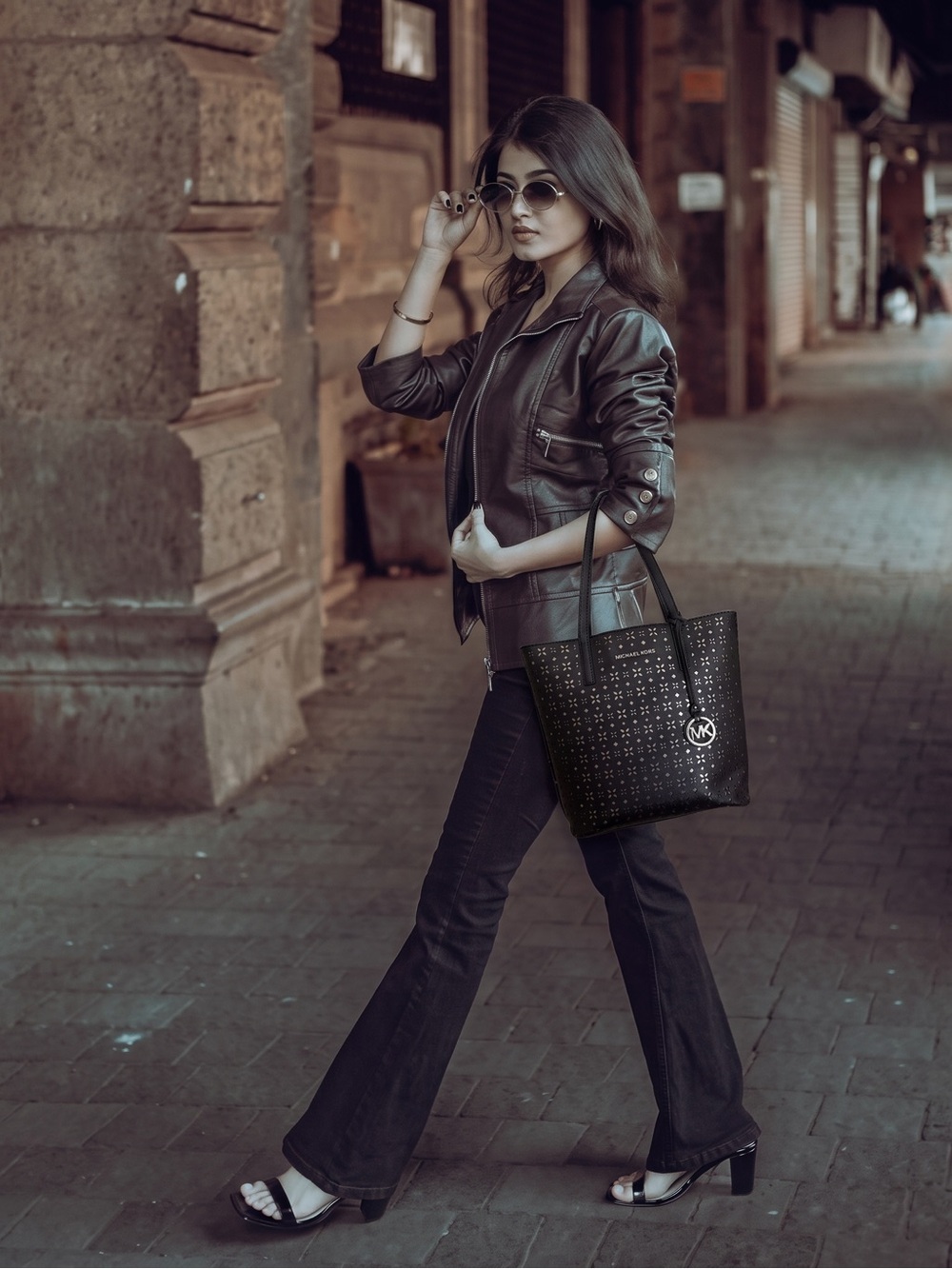 Michael Kors Black Perforated Tote with Logo Charm